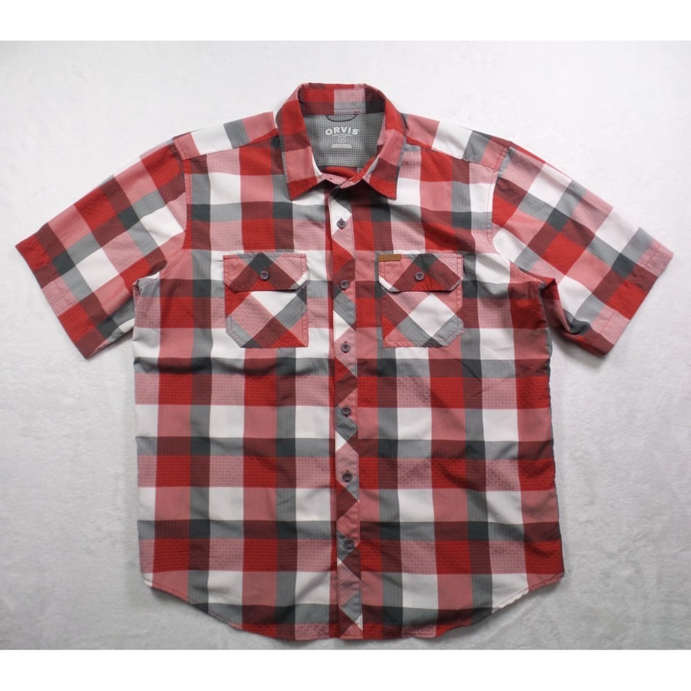 Orvis Mens Shirt Size Large Red Button Up Plaid Short Sleeve Tech Pockets